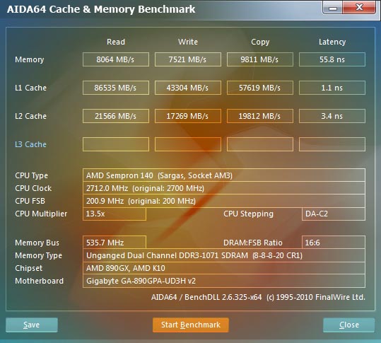 Cache & Memory Benchmark panel